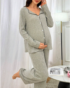 Conjunto de Pijama de Maternidad de Manga Larga con Cuello Solapa y Pantalones Acanalados para Embarazadas, Pijama de Bambú Personalizado para Mujer - Product Image 5