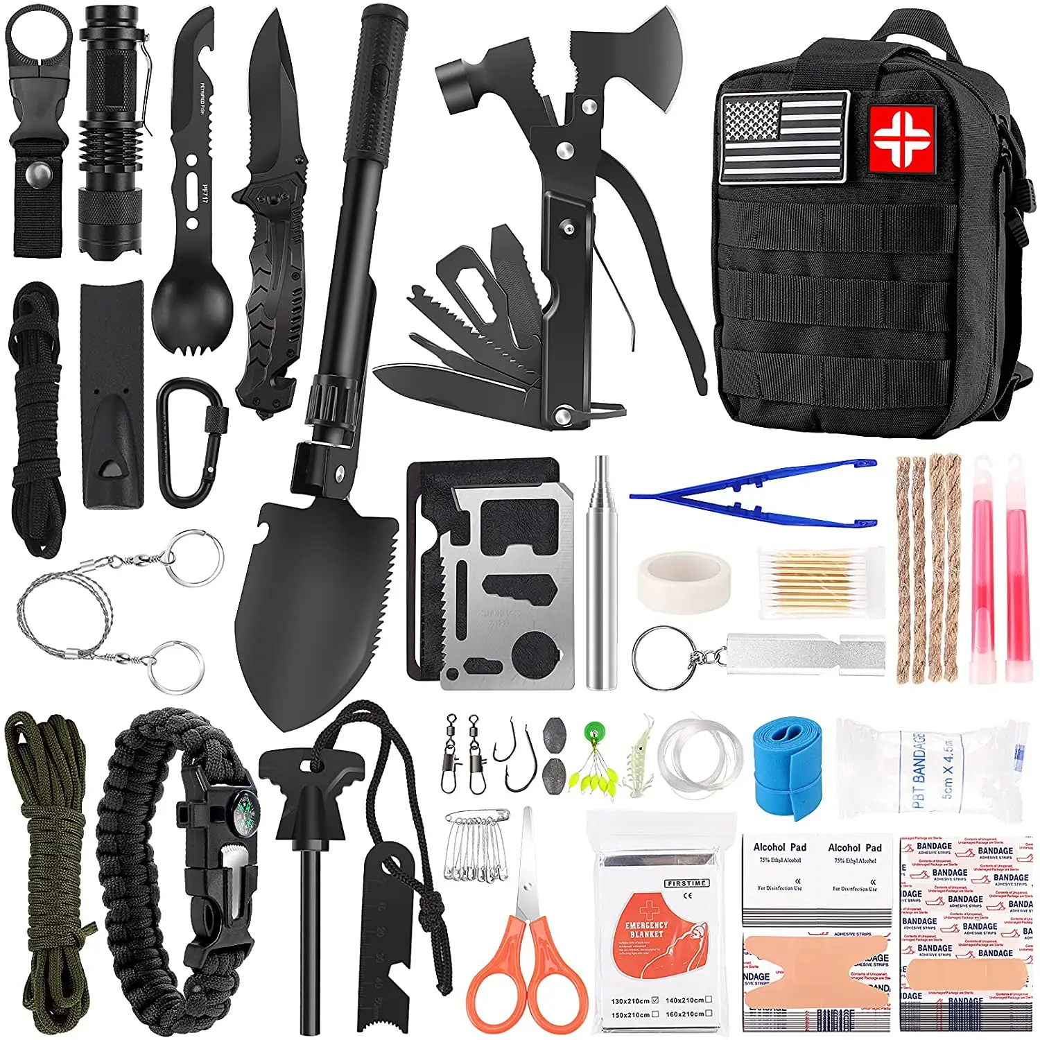 Emergency Tactical First Aid Survival Kit with Axe 142 Pieces of Professional Survival Gear for Camping Outdoor Adventures