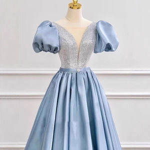 Blue V-neck Satin Ball Gown Empire Waist Haze Blue Vintage Evening Dress For Adult Birthday Parties Hostess - Product Image 2