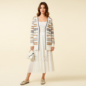 Elegante <span class=keywords><strong>Cardigan</strong></span> Lavorato a Maglia a Righe con Blocchi di Colore, Scollo a V, Maniche Lunghe, Casual da Donna per l'Autunno e l'Uso Quotidiano - Product Image 4