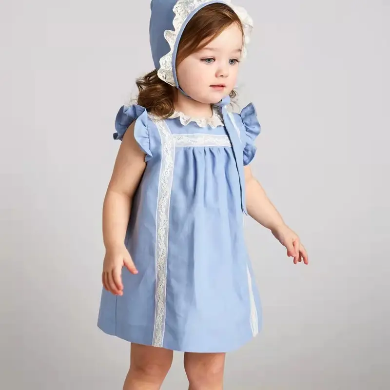 Baby Girl Spanish Dress with Hat Summer Children Blue Cotton Frocks Lace Design EID Holiday Toddler Boutique Dresses