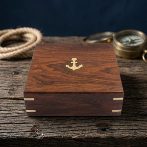 Caja Náutica de Madera de Nogal con Incrustaciones de Ancla de Latón, Pulida y Hecha a Mano, Juego de 10 Bandejas con Impresión Digital para Regalo de Viaje - Product Image 1