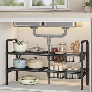 Organisateur d'évier de cuisine en métal à 2 niveaux, plateau de rangement extensible à longueur réglable, support autoportant à double niveau - Product Image 3