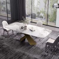 Ensemble de table à manger rectangulaire moderne de luxe avec plateau en pierre frittée blanche et pieds en métal laiton, meubles de salle à manger