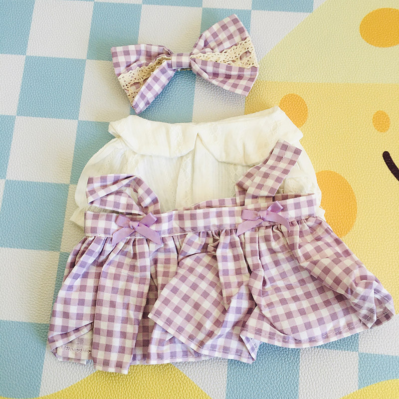 Purple grid bow-knot skirt 3-piece set