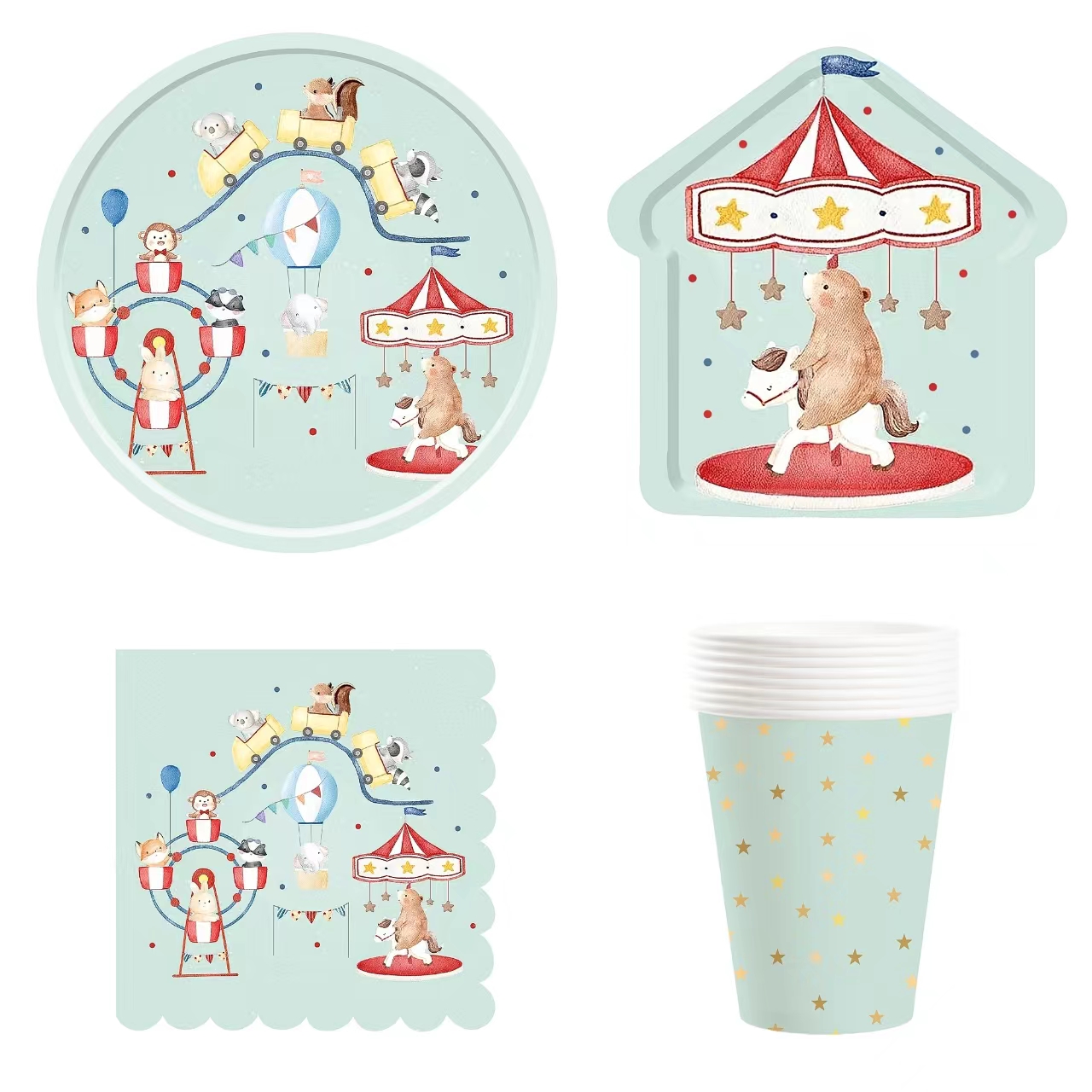 Plato de 7 pulgadas, plato de 9 pulgadas, vaso de 9 oz, servilletas de 33*33