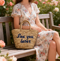 Sacs à main pour femmes à poignée courte, style mode, avec chaînes ouvertes, broderie de lettres, sacs cabas tissés faits main, style panier, pour l'été et la plage, décontractés, 7 pouces