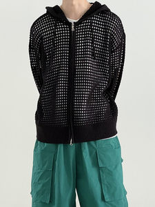 Custom <strong>Mens</strong> Crochet Knit Hoodie Zip up Hollow Out Mesh Streetwear Loose Fit Summer Knit <strong>Jumper</strong> for <strong>Men</strong> Wholesale OEM - Product Image 4