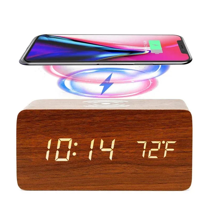 Promotional Decorative Digital Alarm Led Wooden Clock Qi Wireless modern wooden wood digital led desk alarm clock