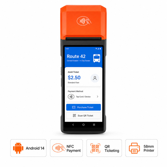 Android 14 Handheld Ticketing POS Terminal with NFC 4G Bluetooth and 58mm Printer R330 Plus