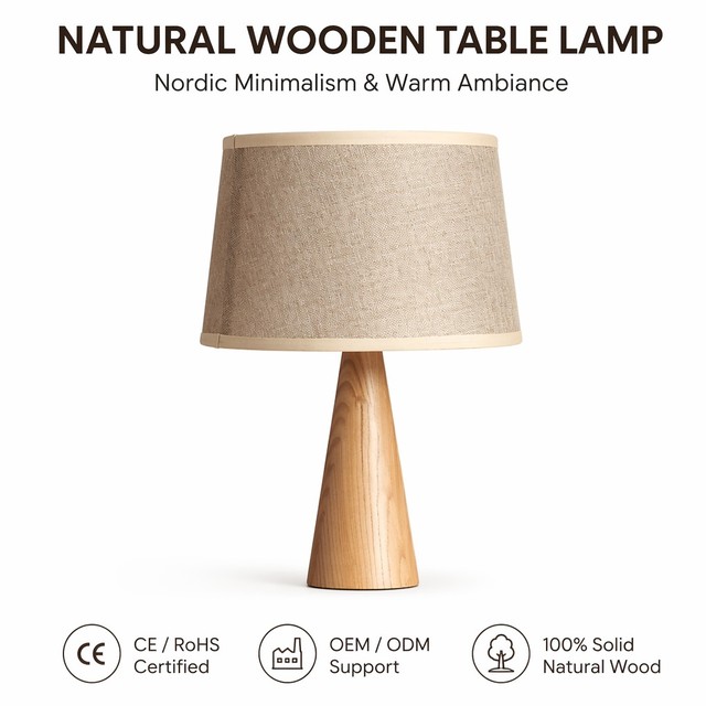 Modern Nordic Minimalist Natural Wood Cone Table Lamp with Flexible Electric Beige Fabric Shade for Bedroom Bedside Living Room