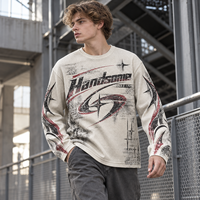 T-shirt personnalisé pour homme, style streetwear, col rond en maille gaufrée, manches longues, impression sérigraphique, épaules tombantes, t-shirts décontractés