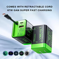 Chargeur USB Type C Super Rapide 67W GaN avec Prise EU US UK, Câble Type-C Rétractable Intégré, Chargeur Rapide USB-C PD Portable 67W