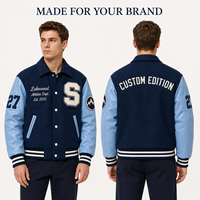 Veste universitaire personnalisée pour homme, bleu marine clair, fabrication OEM, étiquette privée, lettres en chenille, bordure côtelée, boutons, veste de lycée