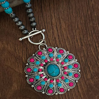 Collier Pendentif Fleur Turquoise Style Ethnique Vintage Western, Collier Bohème Perlé avec Fermoir OT pour Cowgirls, Bijoux