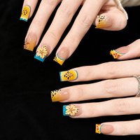 Faux Ongles Personnalisés en Gros, Motif Floral Léopard Français, Fleurs 3D Réutilisables, Acrylique Premium Fait Main, Ongles à Presser Carrés Moyens