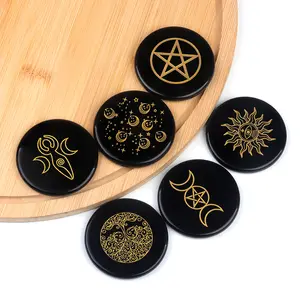 55mm Natural Engraved Black Obsidian Stone Tree Star Moon Sun Goddess Symbols Healing Crystal Stones Coaster For Meditation