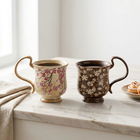 Tasse à café en céramique avec pied, glaçure de transmutation au four, imprimé fleurs de cerisier, tasse à thé avec anse courbée pour la maison et le café