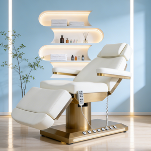 Table de massage de luxe en acier inoxydable doré avec base blanche, 4 <span class=keywords><strong>moteurs</strong></span> électriques réglables, lit de beauté pour extensions de cils - Product Image 3