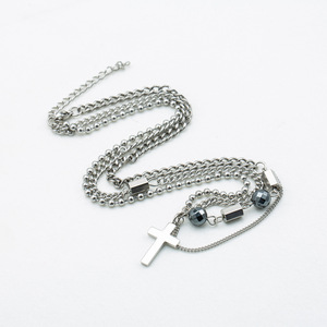 Yunnique <b>Cross</b> Beaded Titanium Steel Necklace Men's Fashion Hip Hop Style Geometric Design Silver Tone Jewelry Made in Dongguan - Product Image 3