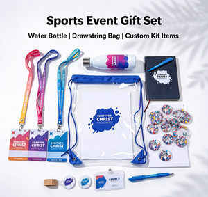 Ensemble cadeau personnalisé pour événements sportifs avec bouteille d'eau, sac à cordon, carnet, cordon tour de cou, badge, épingle, kit promotionnel personnalisé pour les jeux - Product Image 2
