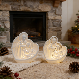 Ceramic Star-Accent Holy Family Light-Up Decor <strong>Set</strong> (Curved Silhouette Design) - Christmas Shelf &amp; Table Accent - Product Image 6
