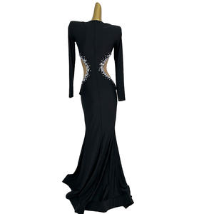 Zarif siyah Rhinestone doğum günü düğün konuk akşam Mermaid elbise kadınlar Cut Out yarık ziyafet balo uzun elbise akşam elbisesi - Product Image 4