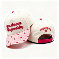 Casquette de baseball en coton bicolore à 5 panneaux avec visière imprimée vichy fraise rose personnalisée, broderie snapback, pour femmes, chapeau mignon