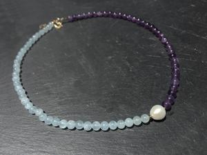 Collana con Perle d'Acqua Dolce e Pietre Preziose di Ametista e Acquamarina, Gioiello con Pietra Portafortuna di Febbraio e Marzo - Product Image 4