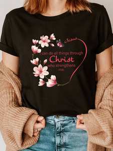 T-shirt con stampa a forma di cuore e scollo rotondo, manica corta da donna, casual, primavera estate, design floreale, vestibilità in jersey di cotone 100%. - Product Image 3