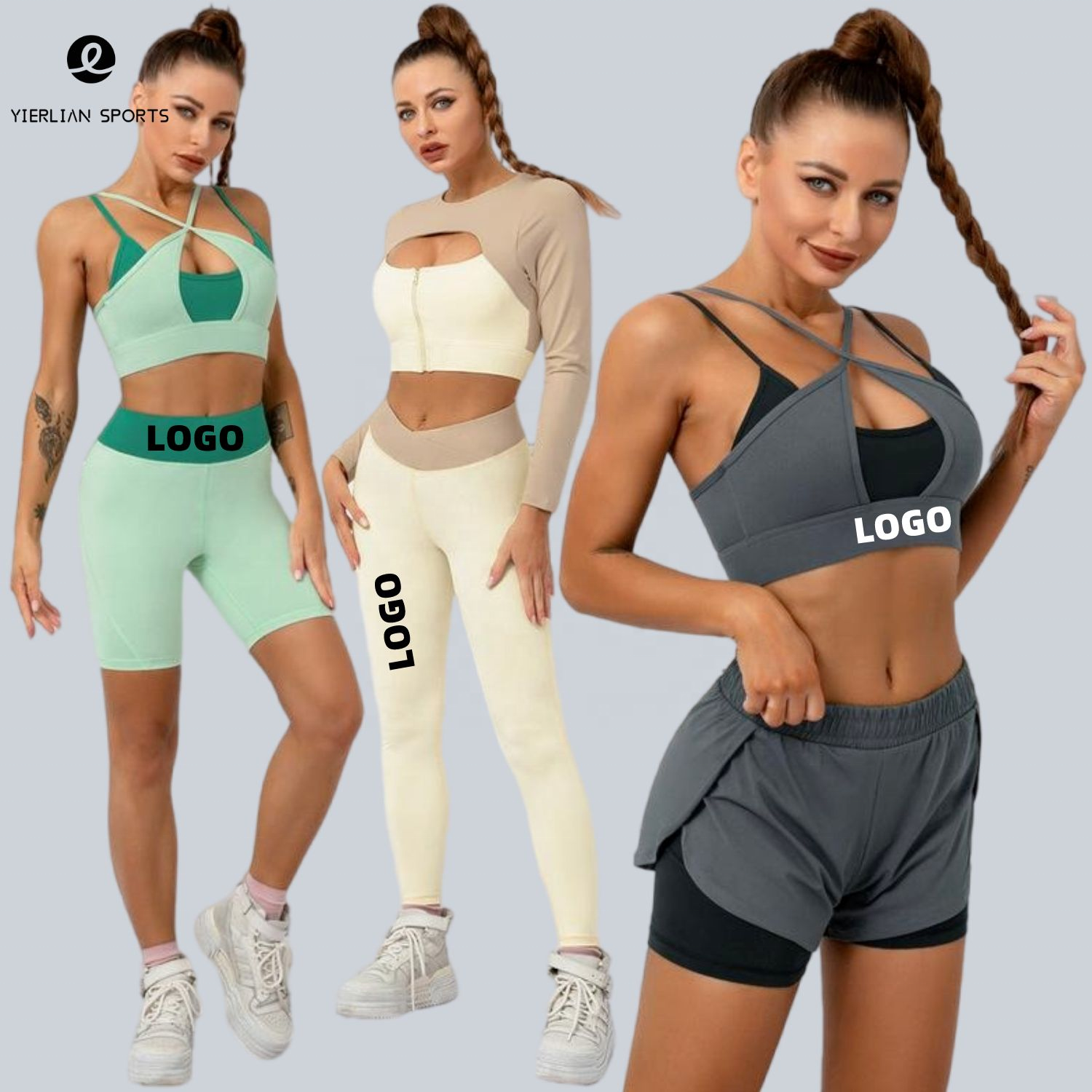 2023 New Fashion Candy Color Two Color Combination 7 Pieces Fitness Yoga Wear Set Suit Top Sports Wear Gym Fitness Sets