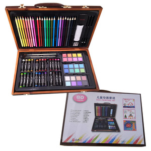 Juego de pintura artística para niños, 80 piezas, caja de madera, crayones de acuarela, pinceles, kit de dibujo para niños, regalo - Product Image 1