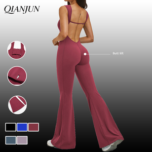 Combinaison de sport une pièce de haute qualité pour <span class=keywords><strong>femme</strong></span>, couleur unie, dos <span class=keywords><strong>nu</strong></span>, effet froncé aux fesses, pour fitness, course, gym et yoga - Product Image 1