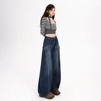 Harga Grosir Celana Jeans Wanita Anti-Kerut Warna Biru Tua Model Curved Knife Gaya Retro Amerika, Celana Jeans Wanita Model Wide Leg Panjang Sampai Kaki