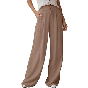 Pantaloni larghi da donna in <span class=keywords><strong>lino</strong></span> di cotone Casual pantaloni larghi a <span class=keywords><strong>vita</strong></span> <span class=keywords><strong>alta</strong></span> a gamba dritta - Product Image 2