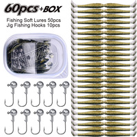 Lot de 60 leurres souples en plastique, 10 couleurs, avec jigs à tête plombée, leurres artificiels réfléchissants pour perche et bar, vente en gros usine