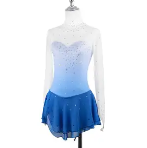 Vestido de patins feminino, manga longa azul para meninas vestido de patinação no gelo roupa de competição desempenho