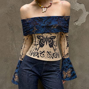 Women Butterfly Print Knitted Digital Printing <b>Long</b> <b>Sleeve</b> Crop <b>Top</b> <b>off</b> <b>Shoulder</b> Bell <b>Sleeve</b> Slim Fit Casual Streetwear T Shirt - Product Image 5