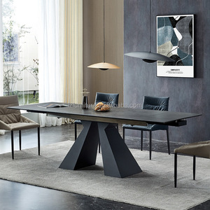 Mesa de Comedor Rectangular Moderna de Piedra Sinterizada, Extensible, con Tapa de Losa de Roca Negra, Base Metálica en Forma de X, para 6-10 Personas, Muebles de Restaurante - Product Image 1