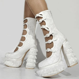 Sandalias de fiesta de boda de encaje <span class=keywords><strong>blanco</strong></span> para mujer, hebillas de cinturón, botas medias, <span class=keywords><strong>plataforma</strong></span> gruesa con volantes, botines de pantorrilla de verano de talla grande 47 - Product Image 1