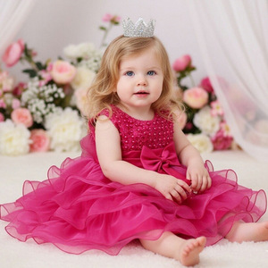 Robe de princesse pour bébé fille, robe de fête d'anniversaire, coupe trapèze, décolleté en cœur, rose, rouge, blanc, couleur champagne - Product Image 1