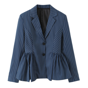 Nuovo <span class=keywords><strong>Blazer</strong></span> da <span class=keywords><strong>Donna</strong></span> Stile Europeo Americano 2026 con Risvolto <span class=keywords><strong>a</strong></span> Strisce Blu Navy e Orlo <span class=keywords><strong>a</strong></span> Balza, Maniche Lunghe Traspiranti - Product Image 1