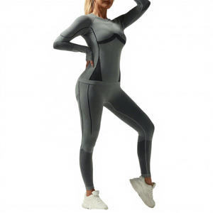 Yoga Set Women Full <b>Length</b> <b>Leggings</b> Long Sleeve High Waist Solid Color Contrast Binding Four-Way Stretch Fitness Wear - Product Image 1
