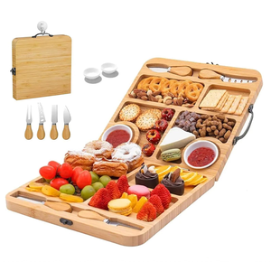 Papan Sajian Keju Bambu, Nampan Sajian Kayu dengan 4 Pisau dan 2 Wadah Saus, Piring Sajian Charcuterie yang Dapat Dibuka dengan 7 Sekat - Product Image 1
