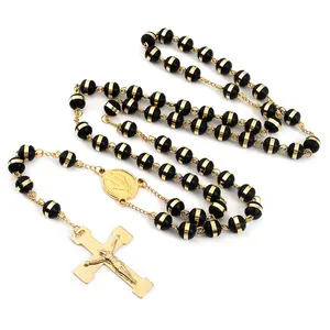 8mm Stainless Steel Ball Chain Long Cross Black Gold Necklace Factory wholesale stainless steel pendant necklace