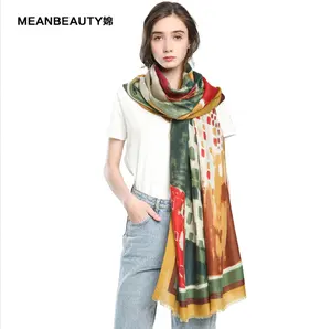 2022 New Autumn and Winter Graffiti Print Scarf European and American length Women's Scarf Color Block Combination Satin Scarf