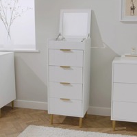 Commode élégante en bois blanc avec miroir relevable et tiroirs à façades sculptées pour chambre à coucher