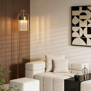 Lámpara de pie moderna con marco de latón y pantalla cilíndrica de cristal blanco, iluminación minimalista para decoración de habitaciones de hotel. - Product Image 3