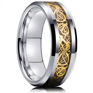 Fashion Gold Ring Dragon And Yellow Carbon Fiber Tungsten Carbide Ring
