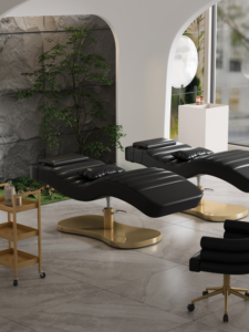 Lit de massage facial et spa de salon en cuir rose de haute qualité avec base dorée, lit cosmétique moderne de luxe réglable pour sourcils - Product Image 4